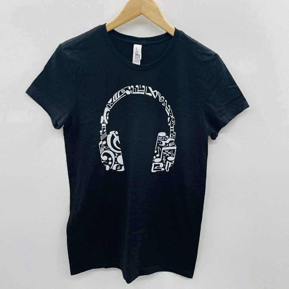 LA Pop Art Womens Size Large Short Sleeve Music Headphones Graphic Tee Black 123